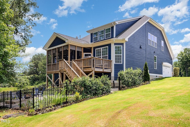 119 Florentino Ct, Clayton, NC 27527 - rear view of property featuring a sunroom, stairs, a deck, and roof with shingles