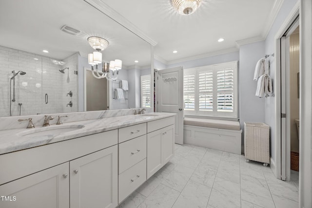 227 W Drewry Ln, Raleigh, NC 27609 - bathroom with double vanity, a shower stall, crown molding, marble look tiles, and a chandelier