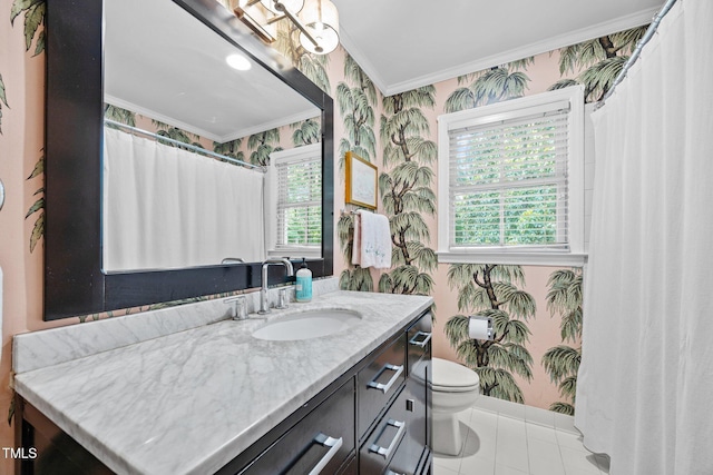 227 W Drewry Ln, Raleigh, NC 27609 - full bath with wallpapered walls, crown molding, vanity, tile patterned flooring, and a shower with shower curtain