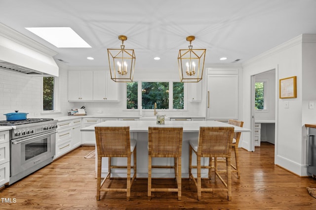 227 W Drewry Ln, Raleigh, NC 27609 - kitchen with high end range, a chandelier, plenty of natural light, premium range hood, and recessed lighting