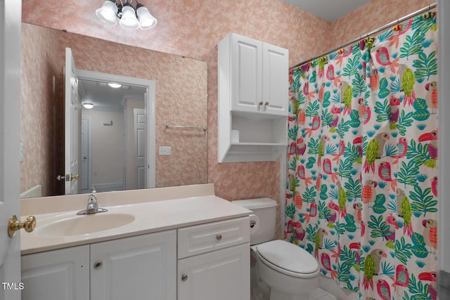 108-203 Northbrook Dr Unit 203, Raleigh, NC 27609 - bathroom with wallpapered walls, vanity, curtained shower, and a chandelier