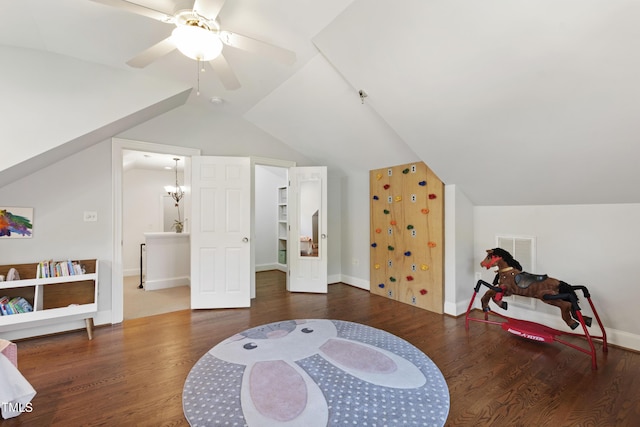 2707 Anderson Dr, Raleigh, NC 27608 - rec room with lofted ceiling, wood finished floors, and ceiling fan
