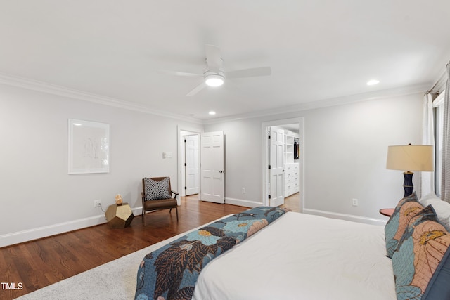 2707 Anderson Dr, Raleigh, NC 27608 - bedroom featuring crown molding, wood finished floors, recessed lighting, a ceiling fan, and ensuite bathroom