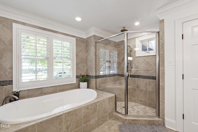 2707 Anderson Dr, Raleigh, NC 27608 - bathroom featuring a garden tub, a shower stall, crown molding, and recessed lighting