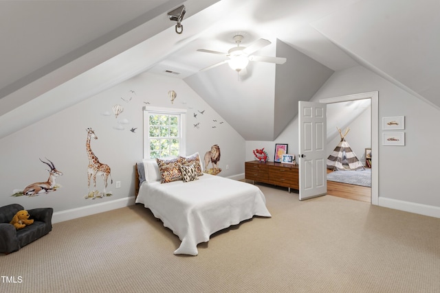 2707 Anderson Dr, Raleigh, NC 27608 - bedroom featuring light colored carpet, lofted ceiling, and a ceiling fan