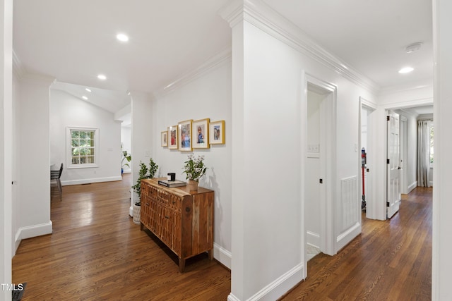 2707 Anderson Dr, Raleigh, NC 27608 - corridor featuring wood finished floors, recessed lighting, vaulted ceiling, and crown molding