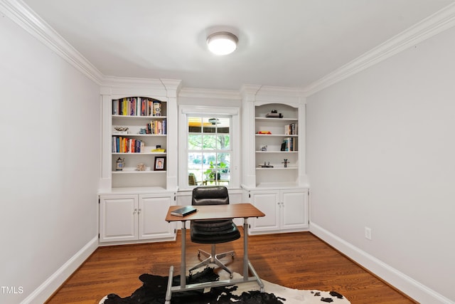 2707 Anderson Dr, Raleigh, NC 27608 - home office with ornamental molding, dark wood-style flooring, and built in features