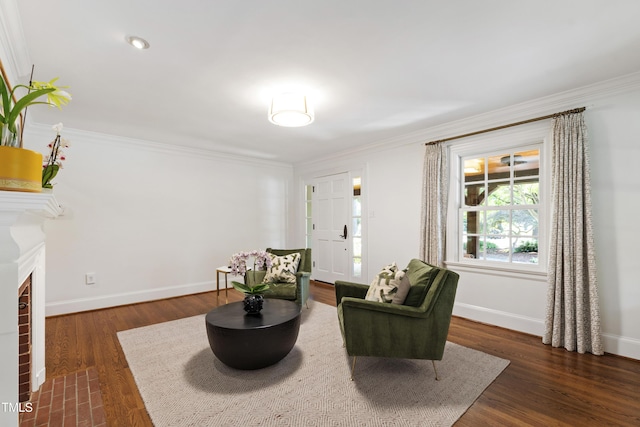 2707 Anderson Dr, Raleigh, NC 27608 - living area with crown molding, dark wood-style floors, and a fireplace with flush hearth