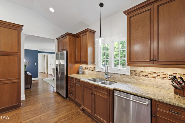 2707 Anderson Dr, Raleigh, NC 27608 - kitchen featuring stainless steel appliances, backsplash, lofted ceiling, wood finished floors, and light stone countertops
