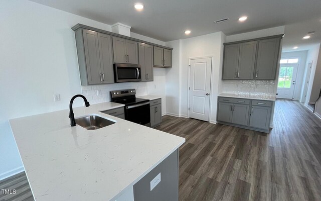 1559 Wendell Valley Blvd, Wendell, NC 27591 - kitchen featuring appliances with stainless steel finishes, gray cabinetry, a peninsula, dark wood-type flooring, and recessed lighting
