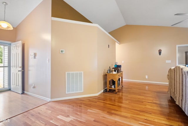1401 Burchcrest Dr, Garner, NC 27529 - entrance foyer with vaulted ceiling, light wood-style floors, and a ceiling fan