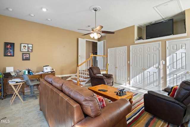 1401 Burchcrest Dr, Garner, NC 27529 - living room featuring ceiling fan and stairway