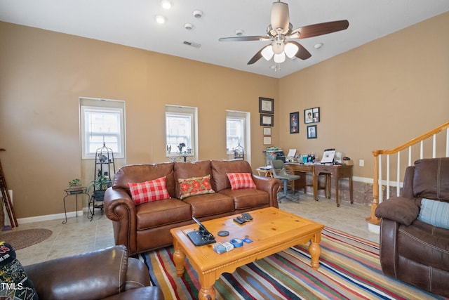 1401 Burchcrest Dr, Garner, NC 27529 - living area featuring light tile patterned floors, a ceiling fan, and a desk