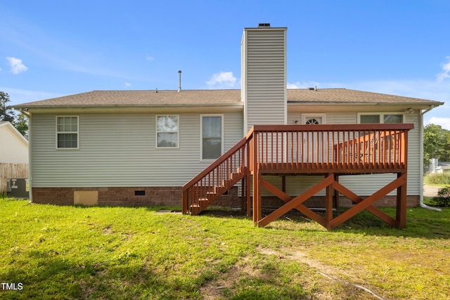1401 Burchcrest Dr, Garner, NC 27529 - rear view of property with a wooden deck, crawl space, a yard, a chimney, and stairs