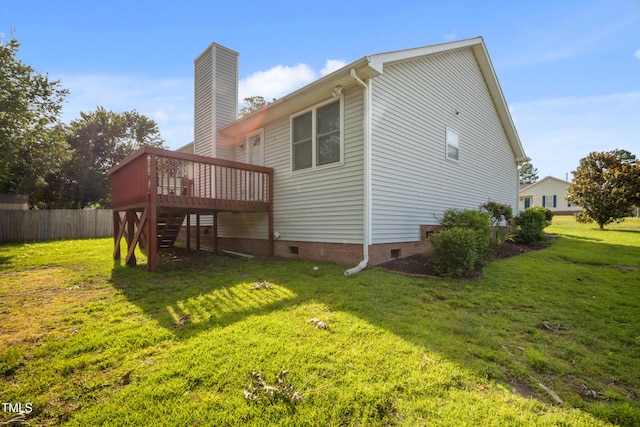 1401 Burchcrest Dr, Garner, NC 27529 - rear view of house featuring crawl space, a deck, stairway, and a chimney