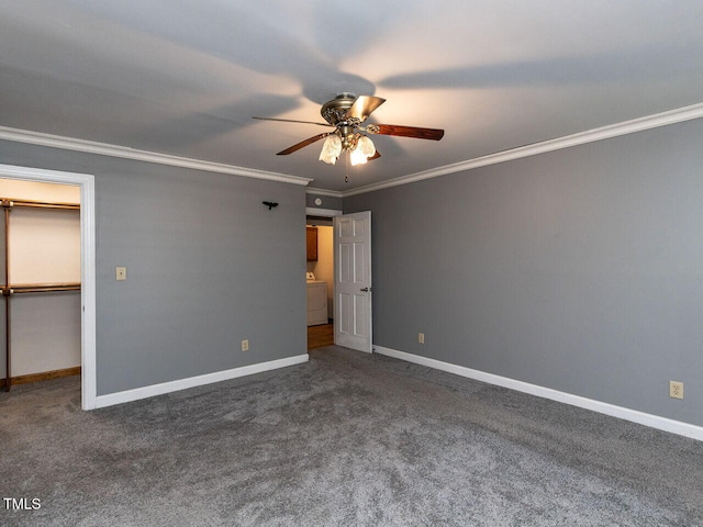 6020 Wildorlyn Cir, Raleigh, NC 27603 - unfurnished bedroom with ornamental molding, washer / dryer, a spacious closet, carpet, and a ceiling fan