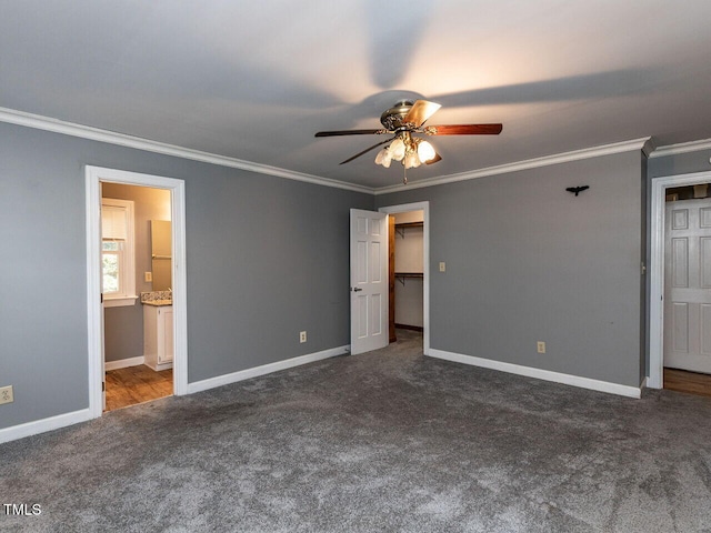 6020 Wildorlyn Cir, Raleigh, NC 27603 - unfurnished bedroom featuring carpet, ornamental molding, ceiling fan, and ensuite bath