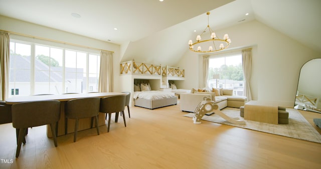 1620 Hunting Ridge Rd, Raleigh, NC 27615 - bedroom with light wood-type flooring, a chandelier, recessed lighting, and vaulted ceiling