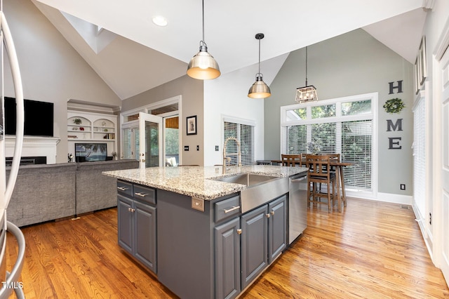 254 Charter Ct SE, Concord, NC 28025 - kitchen featuring high vaulted ceiling, gray cabinets, stainless steel dishwasher, built in features, and light wood-style floors