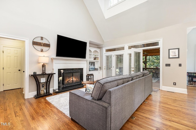 254 Charter Ct SE, Concord, NC 28025 - living area with high vaulted ceiling, a glass covered fireplace, light wood-type flooring, built in shelves, and a skylight