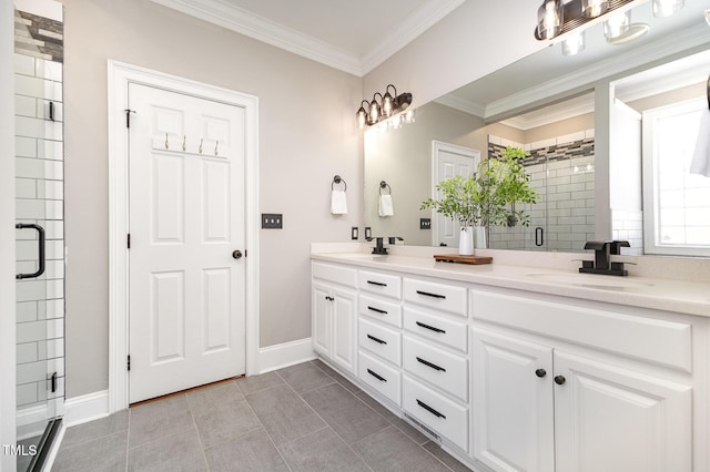 254 Charter Ct SE, Concord, NC 28025 - bathroom with double vanity, a stall shower, ornamental molding, and tile patterned flooring