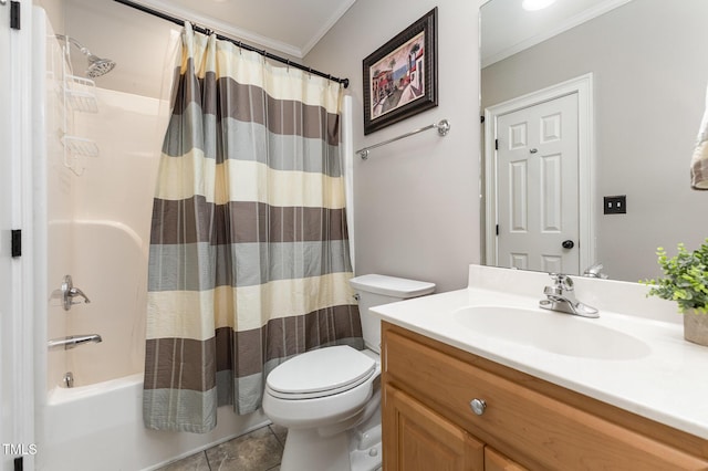 254 Charter Ct SE, Concord, NC 28025 - bathroom with crown molding, vanity, shower / bathtub combination with curtain, and tile patterned floors
