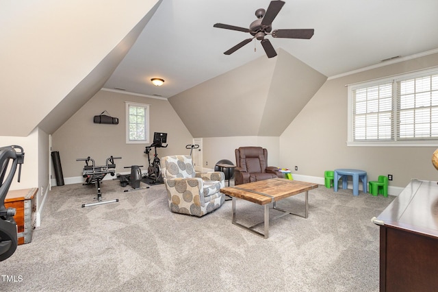 254 Charter Ct SE, Concord, NC 28025 - carpeted living area featuring a ceiling fan and lofted ceiling