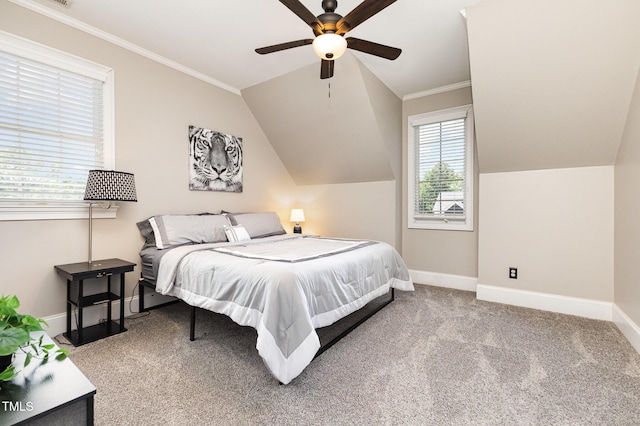 254 Charter Ct SE, Concord, NC 28025 - bedroom featuring carpet floors, vaulted ceiling, crown molding, and ceiling fan