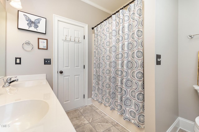 254 Charter Ct SE, Concord, NC 28025 - bathroom with ornamental molding, double vanity, and a shower with curtain