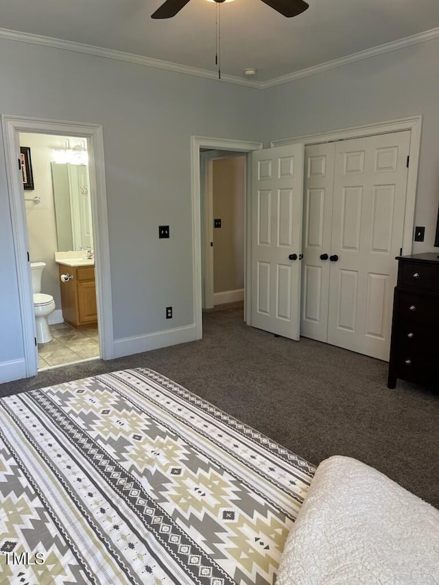 254 Charter Ct SE, Concord, NC 28025 - carpeted bedroom with crown molding, a closet, connected bathroom, and a ceiling fan