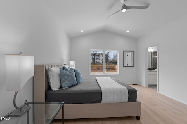 505 Colleton Rd, Raleigh, NC 27610 - bedroom featuring wood finished floors, lofted ceiling, recessed lighting, ensuite bath, and a ceiling fan