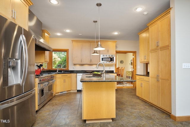 267 Bald Eagle Dr, Pittsboro, NC 27312 - kitchen with appliances with stainless steel finishes, light brown cabinetry, an island with sink, wall chimney range hood, and recessed lighting