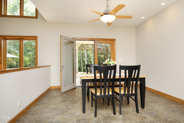 267 Bald Eagle Dr, Pittsboro, NC 27312 - dining space featuring plenty of natural light, a ceiling fan, recessed lighting, and stone finish floors