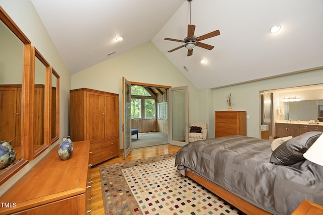 267 Bald Eagle Dr, Pittsboro, NC 27312 - bedroom with light wood finished floors, high vaulted ceiling, access to exterior, connected bathroom, and ceiling fan