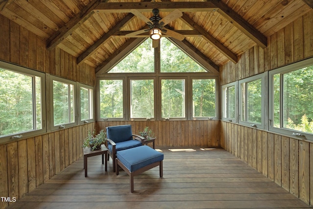 267 Bald Eagle Dr, Pittsboro, NC 27312 - sunroom with hardwood / wood-style flooring, a ceiling fan, a deck, wooden walls, and wood ceiling