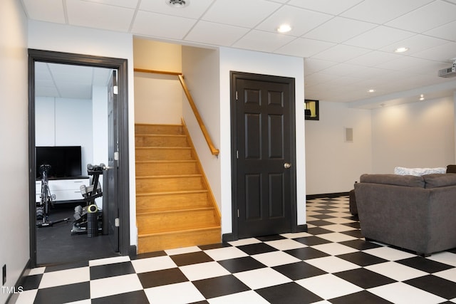 267 Bald Eagle Dr, Pittsboro, NC 27312 - entryway with tile patterned floors, stairs, recessed lighting, and a drop ceiling