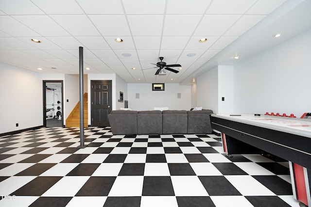 267 Bald Eagle Dr, Pittsboro, NC 27312 - game room featuring recessed lighting, ceiling fan, tile patterned floors, and a drop ceiling
