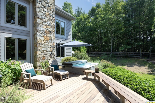 267 Bald Eagle Dr, Pittsboro, NC 27312 - wooden deck featuring a hot tub and a fenced backyard