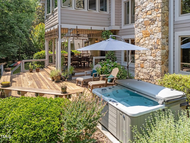 267 Bald Eagle Dr, Pittsboro, NC 27312 - wooden terrace featuring a hot tub, outdoor dining space, and area for grilling