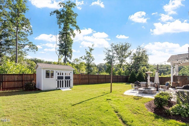 1217 Clandon Square Rd, Hillsborough, NC 27278 - fenced backyard featuring an outdoor fire pit, a patio area, and an outdoor structure