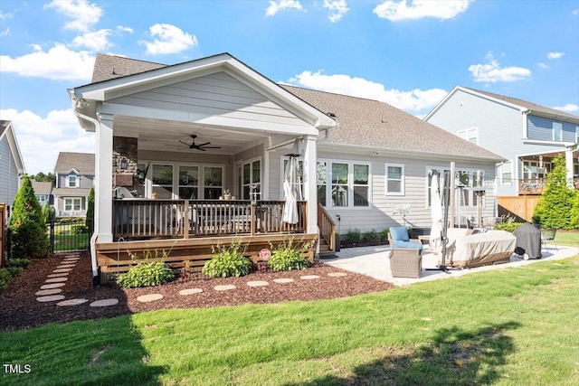 1217 Clandon Square Rd, Hillsborough, NC 27278 - rear view of property with a ceiling fan, a wooden deck, a patio, and a shingled roof