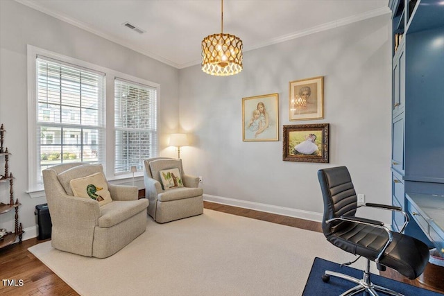1217 Clandon Square Rd, Hillsborough, NC 27278 - office featuring wood finished floors, ornamental molding, and a chandelier