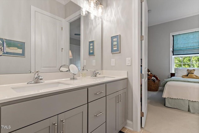 1217 Clandon Square Rd, Hillsborough, NC 27278 - ensuite bathroom featuring double vanity, ornamental molding, and a chandelier