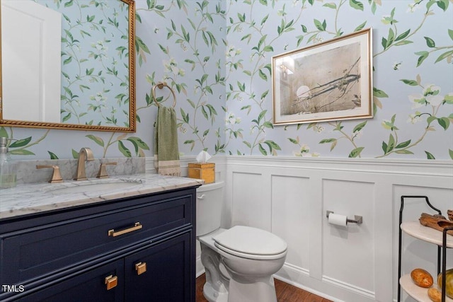 1217 Clandon Square Rd, Hillsborough, NC 27278 - bathroom with wallpapered walls, a wainscoted wall, vanity, wood finished floors, and a decorative wall