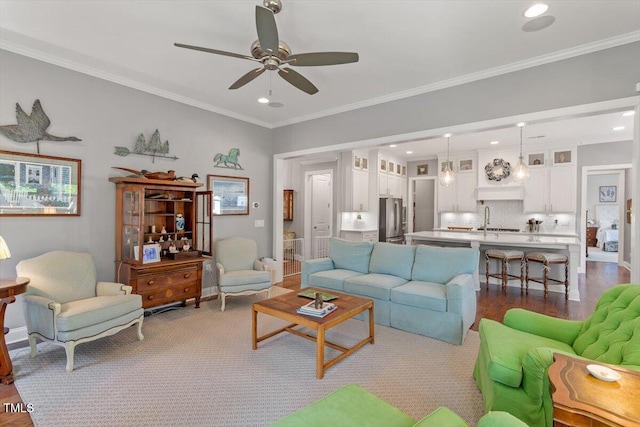 1217 Clandon Square Rd, Hillsborough, NC 27278 - living area featuring a ceiling fan, recessed lighting, ornamental molding, and wood finished floors