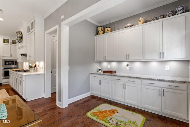 1217 Clandon Square Rd, Hillsborough, NC 27278 - kitchen featuring white cabinetry, appliances with stainless steel finishes, glass insert cabinets, decorative backsplash, and dark wood-style flooring