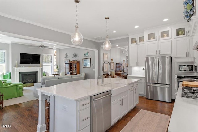 1217 Clandon Square Rd, Hillsborough, NC 27278 - kitchen featuring stainless steel appliances, healthy amount of natural light, white cabinets, dark wood-style floors, and ornamental molding