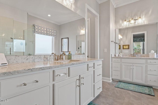 1217 Clandon Square Rd, Hillsborough, NC 27278 - full bathroom with crown molding, two vanities, and a tile shower
