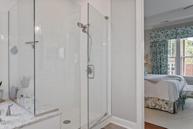1217 Clandon Square Rd, Hillsborough, NC 27278 - ensuite bathroom featuring a stall shower and ornamental molding
