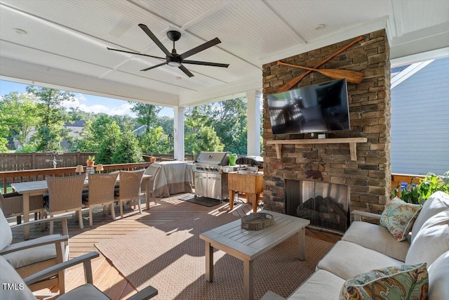 1217 Clandon Square Rd, Hillsborough, NC 27278 - view of patio / terrace with an outdoor living space with a fireplace, outdoor dining area, and ceiling fan